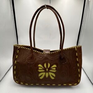 Leaders in Leather Tote Bag Tooled Brown Butterfly Lime Green Boho